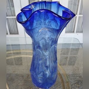 Unique Blue Modern Hand-Blown Bubble Glass Vase,  Murano-Style Large 14" Vase